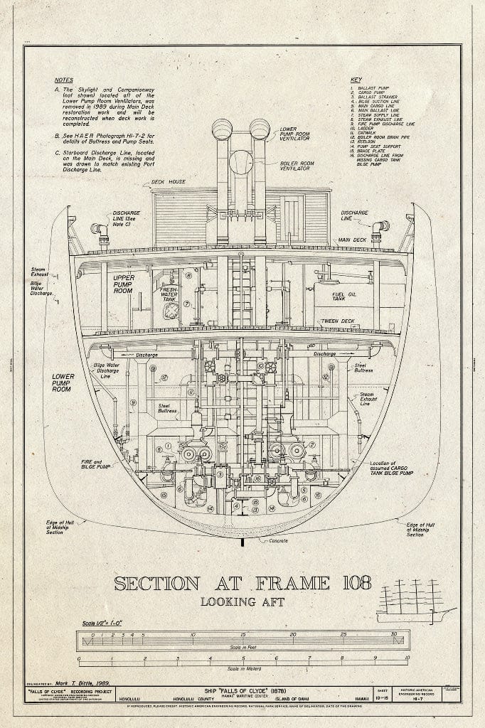 Blueprint Section at Frame 108, Looking AFT - Ship Falls of Clyde, Hawaii Maritime Center, Pier 7, Honolulu, Honolulu County, HI