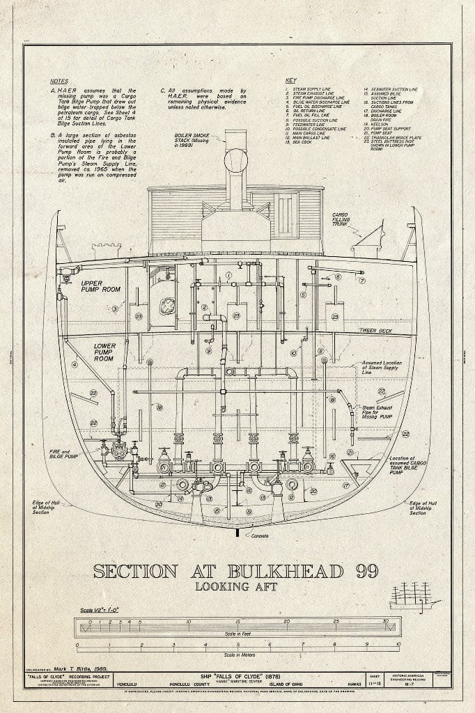 Blueprint Section at Bulkhead 99, Looking AFT - Ship Falls of Clyde, Hawaii Maritime Center, Pier 7, Honolulu, Honolulu County, HI