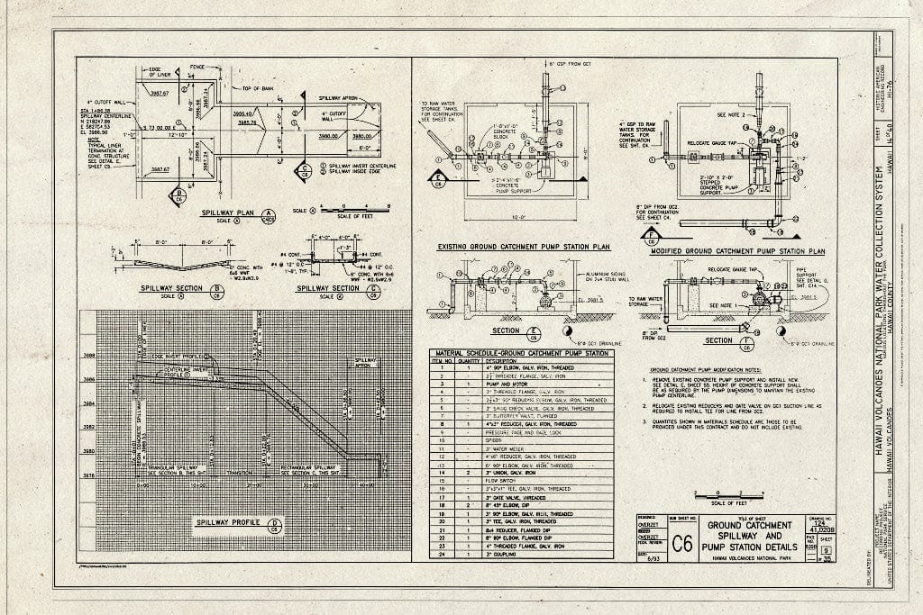 Blueprint Ground Catchment Spillway and Pump Station Details - Hawaii Volcanoes National Park Water Collection System, Hawaii Volcanoes National Park, Volcano, Hawaii County, HI