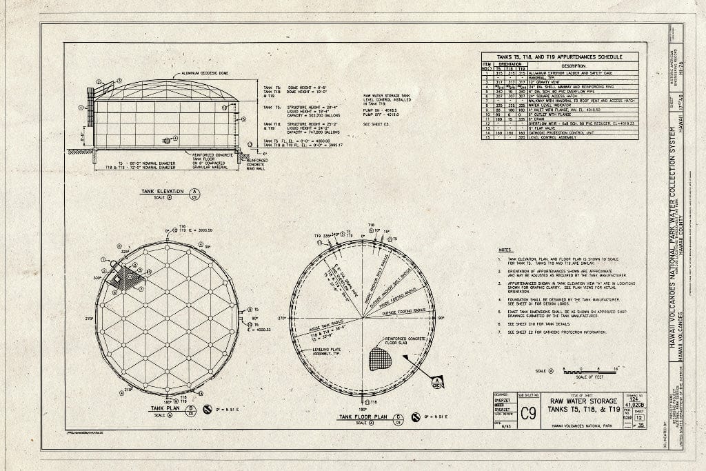 Blueprint Raw Water Storage Tanks T5, T18, T19 - Hawaii Volcanoes National Park Water Collection System, Hawaii Volcanoes National Park, Volcano, Hawaii County, HI