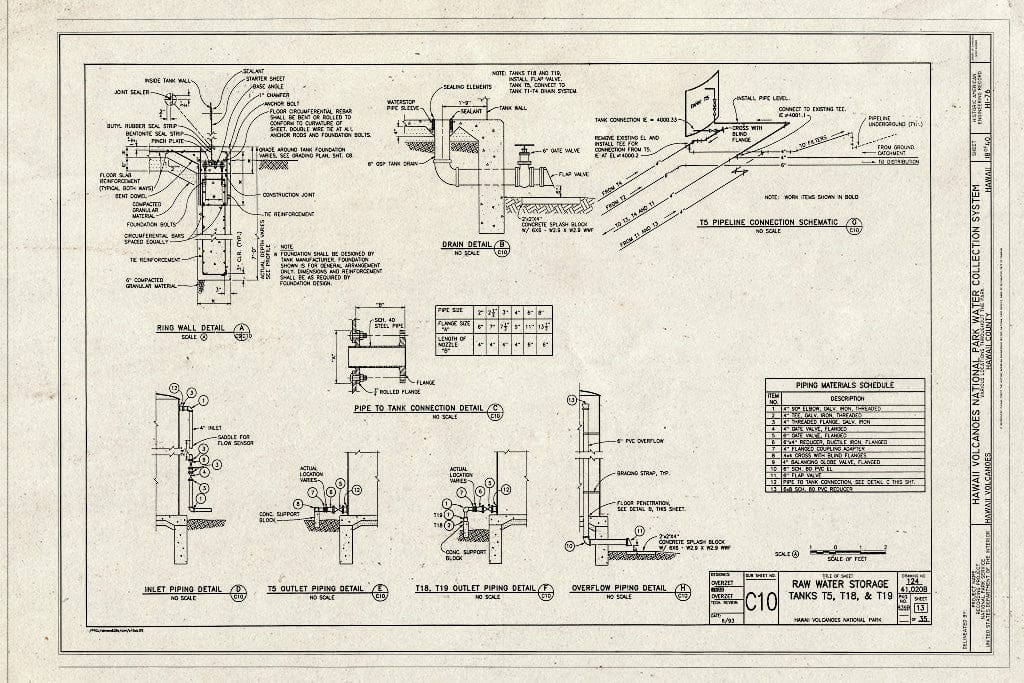 Blueprint Raw Water Storage Tanks T5, T18 & T19 - Hawaii Volcanoes National Park Water Collection System, Hawaii Volcanoes National Park, Volcano, Hawaii County, HI