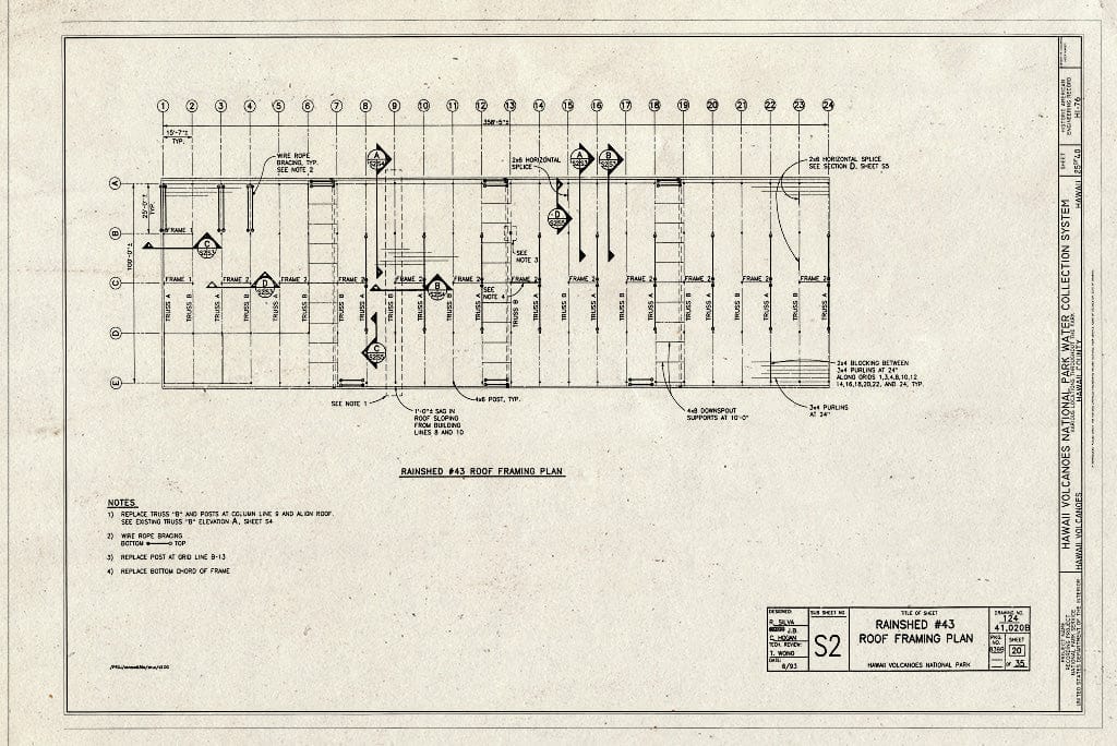 Blueprint Rainshed #43 Roof Framing Plan - Hawaii Volcanoes National Park Water Collection System, Hawaii Volcanoes National Park, Volcano, Hawaii County, HI