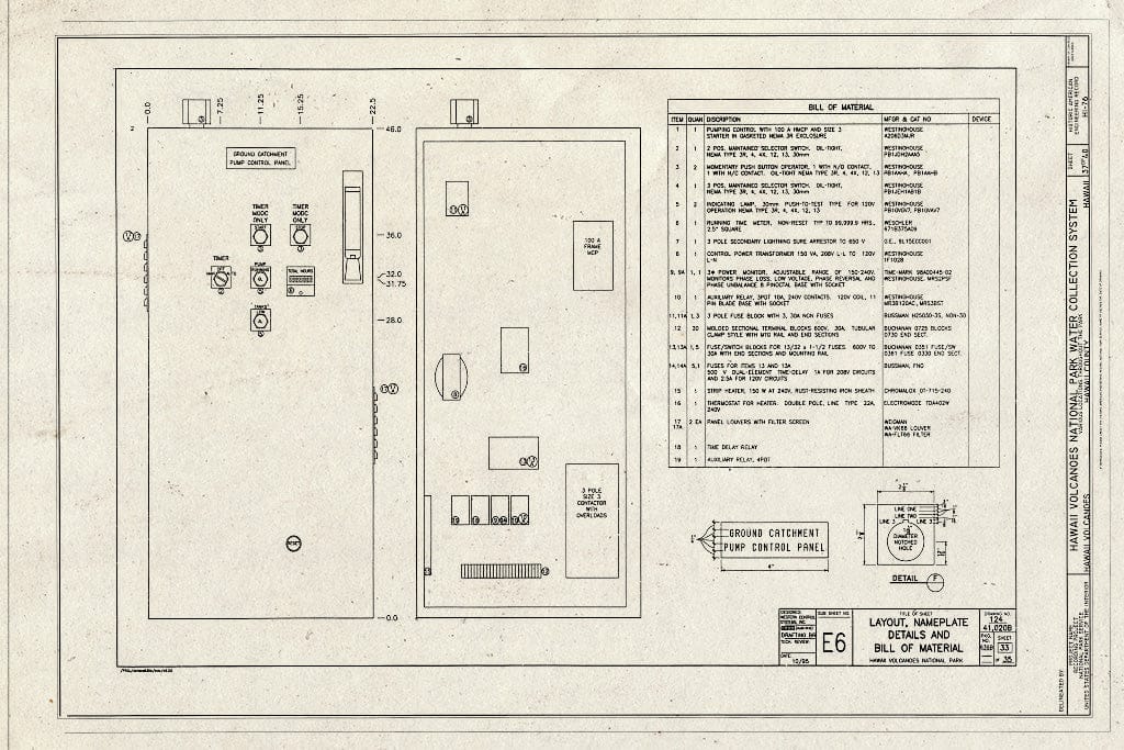 Blueprint Layout, Nameplate Details and Bill of Material - Hawaii Volcanoes National Park Water Collection System, Hawaii Volcanoes National Park, Volcano, Hawaii County, HI