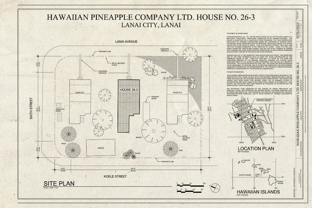 Blueprint Site Plan - Hawaiian Pineapple Company (HAPCO) Ltd. House No. 26-3, 615 Lanai Avenue, Lanai City, Maui County, HI
