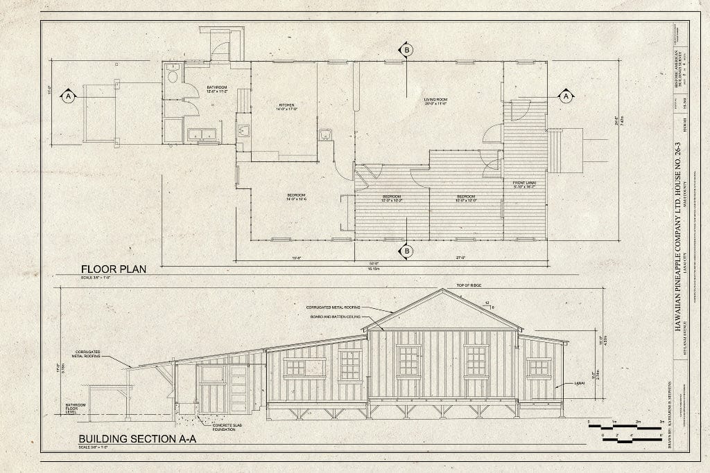 Blueprint Floor Plan and Section - Hawaiian Pineapple Company (HAPCO) Ltd. House No. 26-3, 615 Lanai Avenue, Lanai City, Maui County, HI