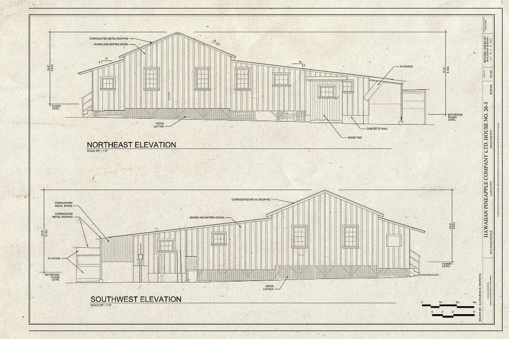 Blueprint Northeast and Southwest Elevations - Hawaiian Pineapple Company (HAPCO) Ltd. House No. 26-3, 615 Lanai Avenue, Lanai City, Maui County, HI