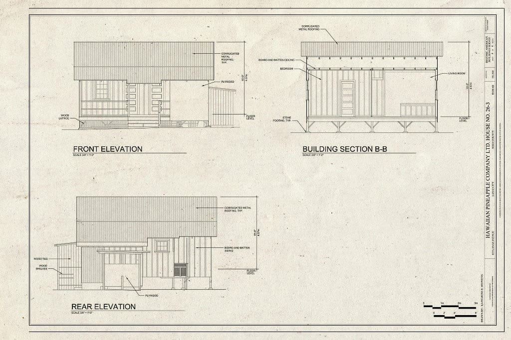 Blueprint Front and Rear Elevations and Section - Hawaiian Pineapple Company (HAPCO) Ltd. House No. 26-3, 615 Lanai Avenue, Lanai City, Maui County, HI
