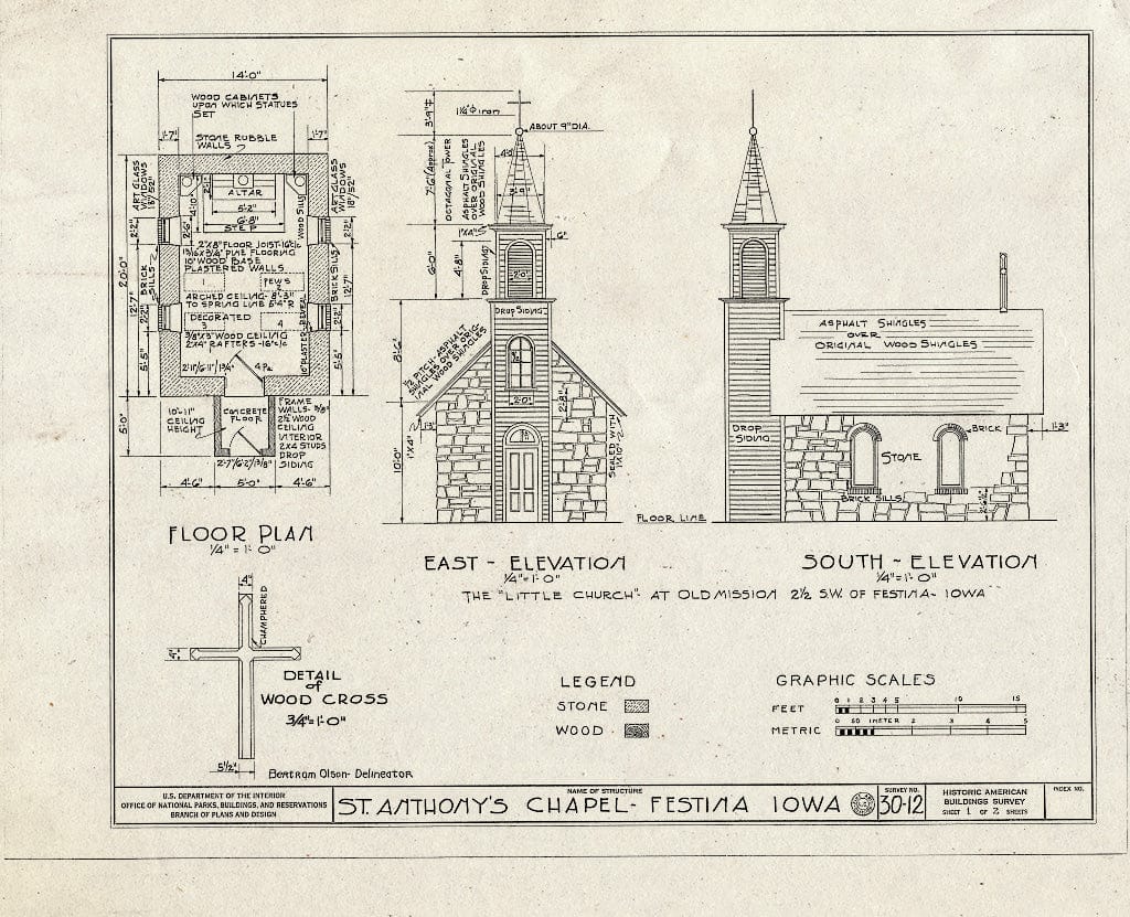Blueprint HABS Iowa,96-FESTI.V,1- (Sheet 1 of 2) - St. Anthony's Chapel, Old Mission Vicinity, Festina, Winneshiek County, IA