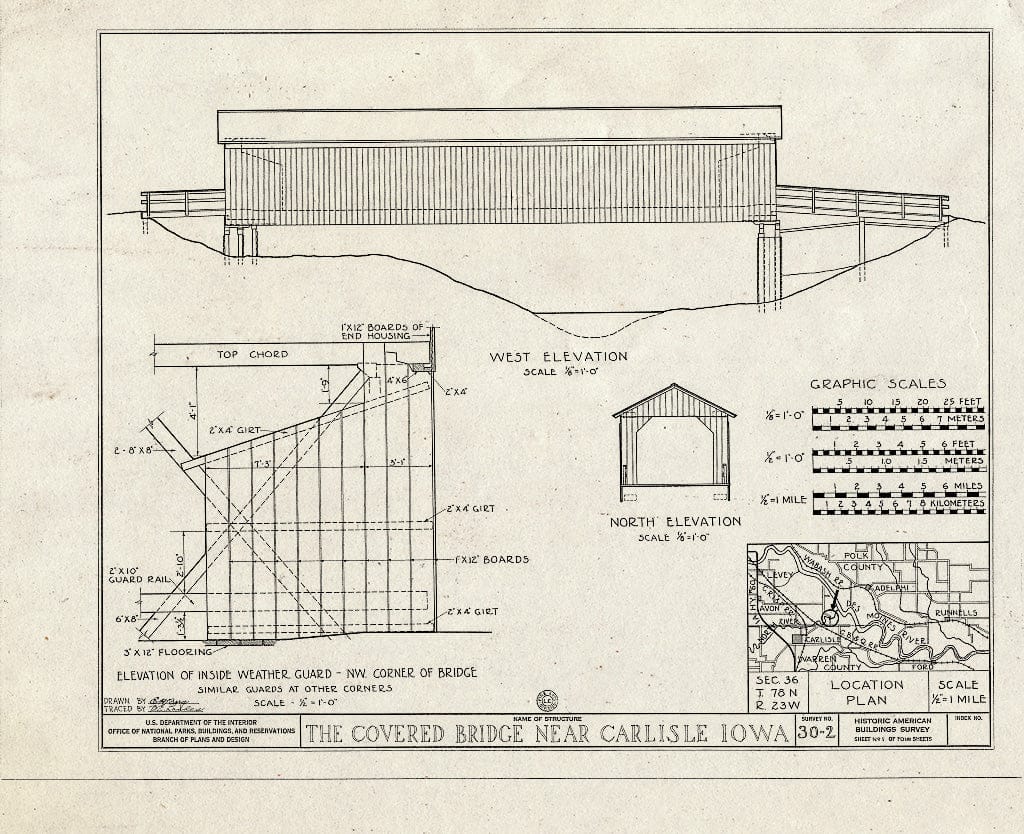 Blueprint West Elevation, North Elevation, Elevation of Inside Weather Guard, Location Plan - Covered Bridge, Carlisle, Warren County, IA