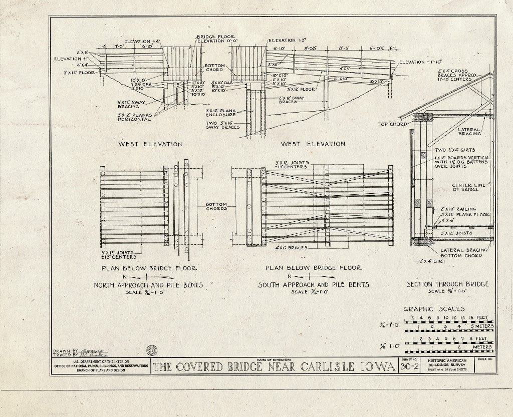 Blueprint West Elevation, Plan Below Bridge Floor, Section Through Bridge - Covered Bridge, Carlisle, Warren County, IA