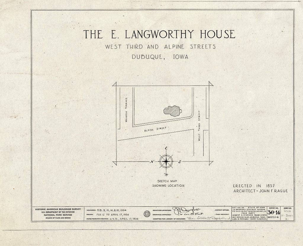 Blueprint HABS Iowa,31-DUBU,2- (Sheet 0 of 6) - Edward Langworthy House, 1095 West Third Street, Dubuque, Dubuque County, IA