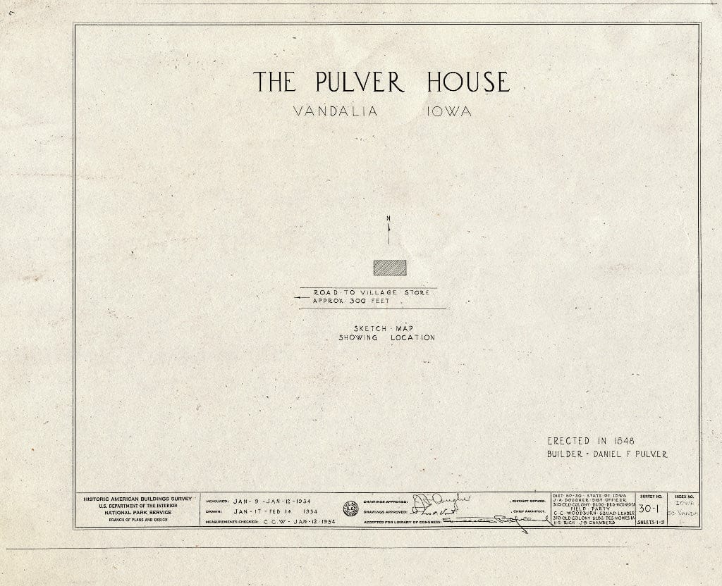 Blueprint HABS Iowa,50-Vanda,1- (Sheet 0 of 9) - Ferdinand Daniel Pulver House, County Road F-70 Vicinity, Vandalia, Jasper County, IA