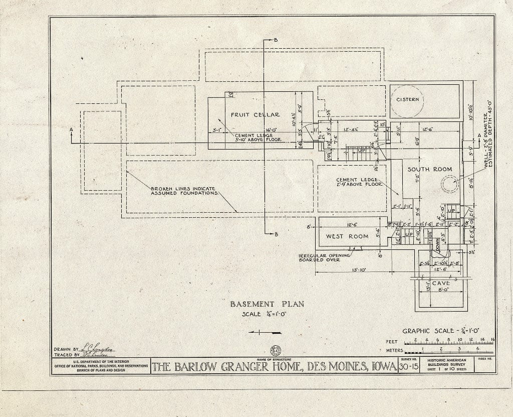 Blueprint HABS Iowa,77-Desmo,1- (Sheet 1 of 10) - Barlow Granger House, Pioneer Park, Des Moines, Polk County, IA