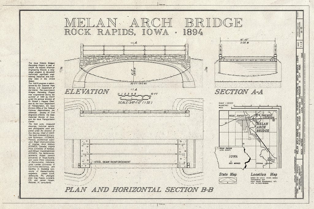Blueprint HAER Iowa,60-ROCRA.V,1- (Sheet 1 of 2) - Melan Arch Bridge, Emma Slater Park (Moved from Dry Run Creek), Rock Rapids, Lyon County, IA