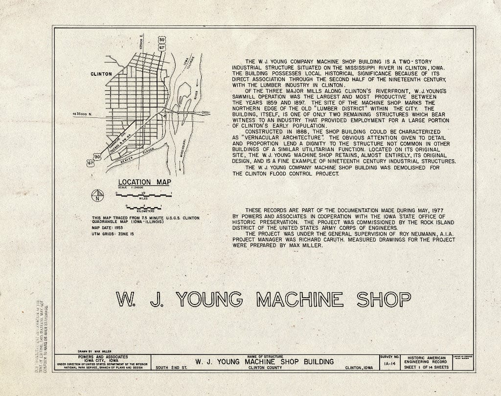 Blueprint HAER Iowa,23-Clint,2- (Sheet 1 of 14) - W. J. Young Machine Shop, South Tenth Street & Second Avenue, Clinton, Clinton County, IA