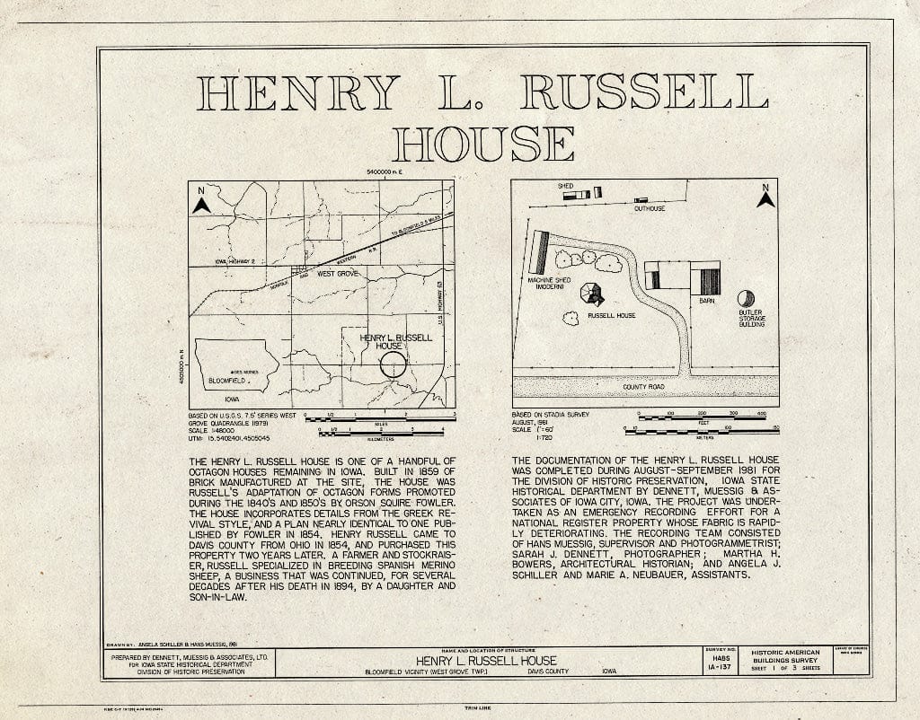 Blueprint HABS Iowa,26-BLOFI,1- (Sheet 1 of 3) - Henry L. Russell House, Route 6, West Grove Township, Bloomfield, Davis County, IA