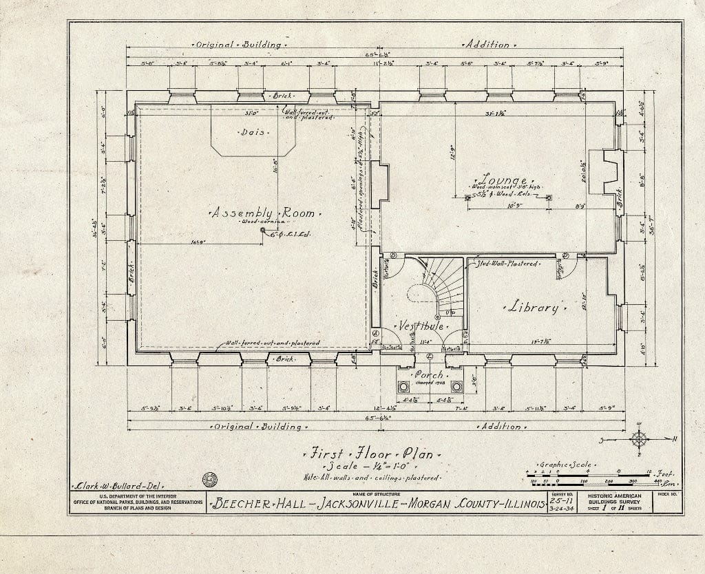 Blueprint HABS Ill,69-JACVI,2A- (Sheet 1 of 11) - Illinois College, Beecher Hall, Jacksonville, Morgan County, IL