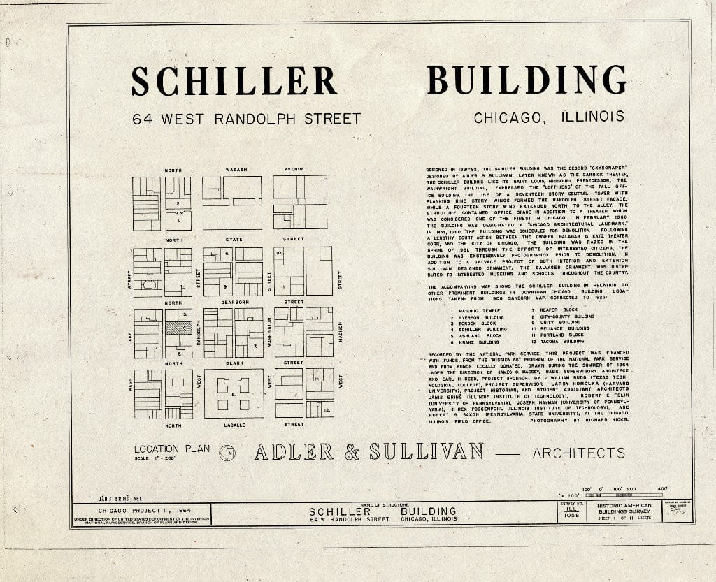 Blueprint HABS Ill,16-CHIG,60- (Sheet 1 of 11) - Schiller Building, 64 West Randolph Street, Chicago, Cook County, IL