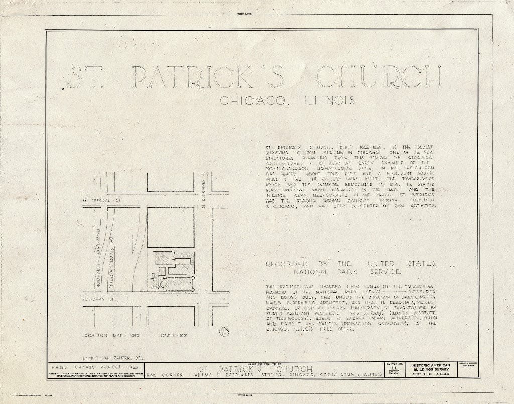 Blueprint HABS Ill,16-CHIG,35- (Sheet 1 of 4) - St. Patrick's Church, Adams & Desplaines Streets, Chicago, Cook County, IL