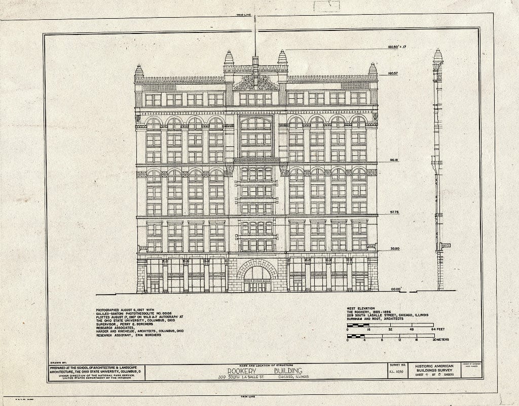 Blueprint West Elevation - Rookery Building, 209 South Lasalle Street, Chicago, Cook County, IL