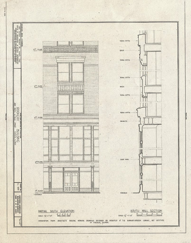 Blueprint Partial South Elevation and South Wall Section - Rookery Building, 209 South Lasalle Street, Chicago, Cook County, IL