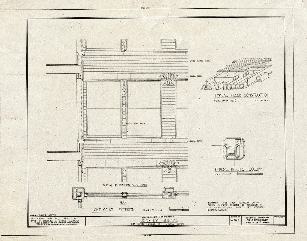 Blueprint Light Court, Exterior; Typical Floor Construction and Interior Column - Rookery Building, 209 South Lasalle Street, Chicago, Cook County, IL