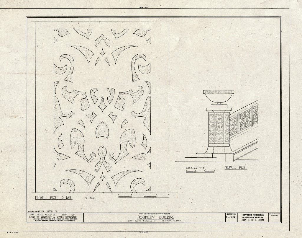 Blueprint Newel Post - Rookery Building, 209 South Lasalle Street, Chicago, Cook County, IL