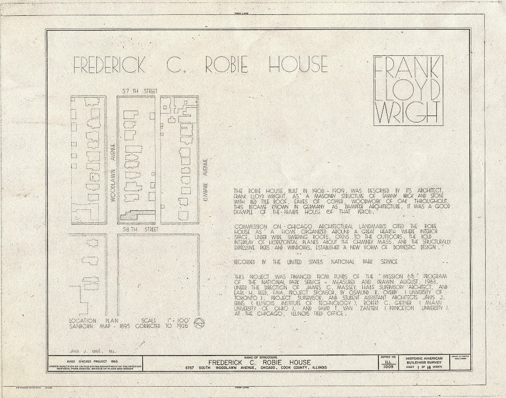 Blueprint HABS Ill,16-CHIG,33- (Sheet 1 of 14) - Frederick C. Robie House, 5757 Woodlawn Avenue, Chicago, Cook County, IL