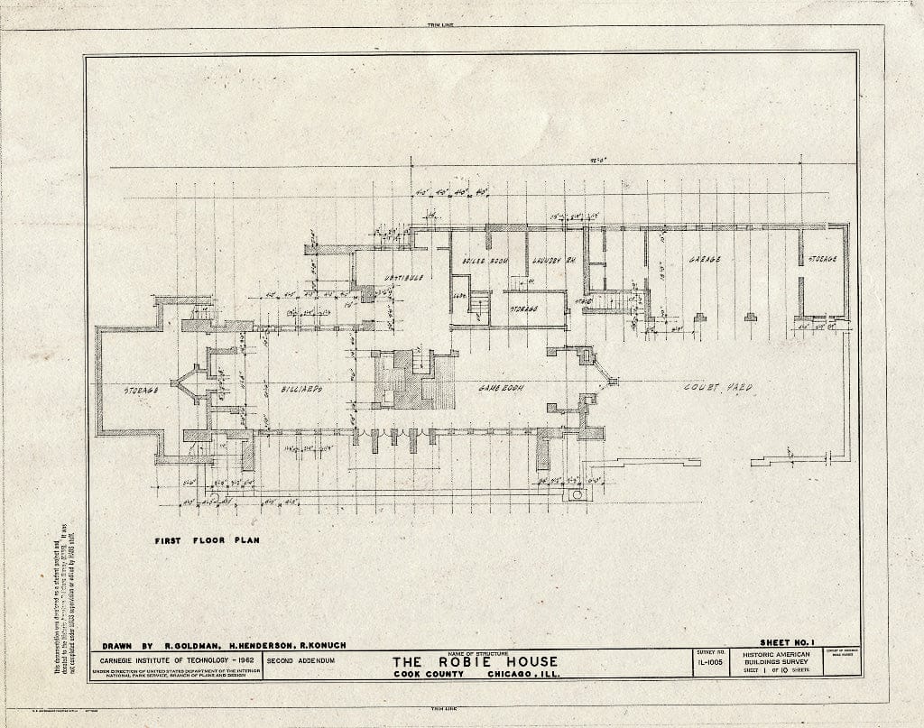 Blueprint HABS Ill,16-CHIG,33- (Sheet 1 of 10) - Frederick C. Robie House, 5757 Woodlawn Avenue, Chicago, Cook County, IL