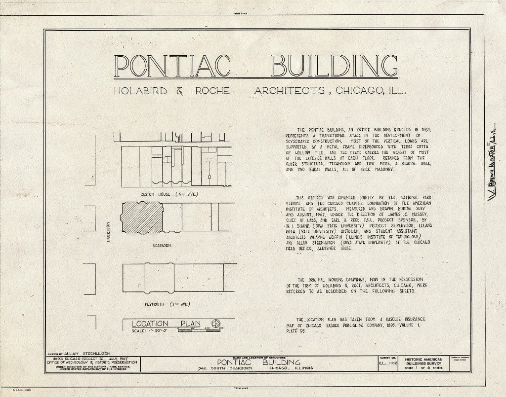 Blueprint HABS Ill,16-CHIG,86- (Sheet 1 of 6) - Pontiac Building, 542 South Dearborn Street, Chicago, Cook County, IL