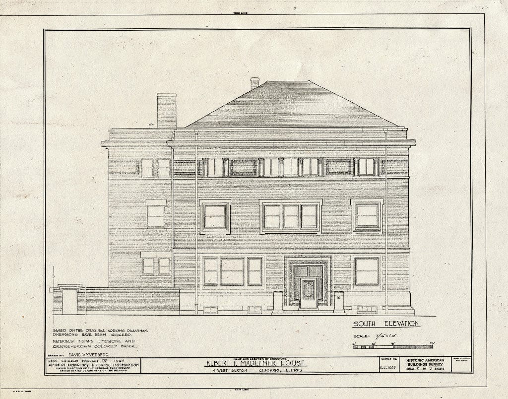 Blueprint South Elevation - Albert F. Madlener House, 4 West Burton Place, Chicago, Cook County, IL