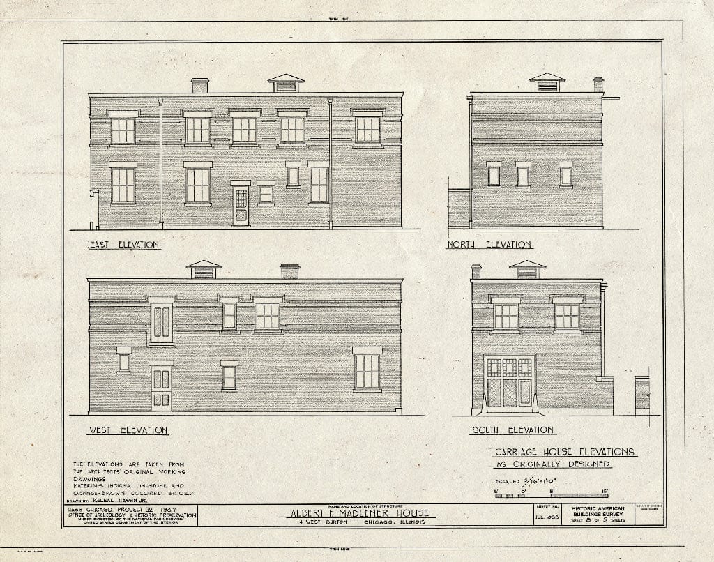 Blueprint Carriage House elevations - Albert F. Madlener House, 4 West Burton Place, Chicago, Cook County, IL