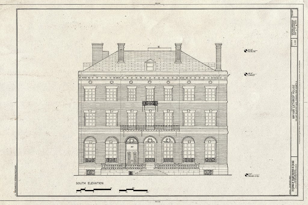 Blueprint South Elevation - Bryan Lathrop House, 120 East Bellevue Place, Chicago, Cook County, IL