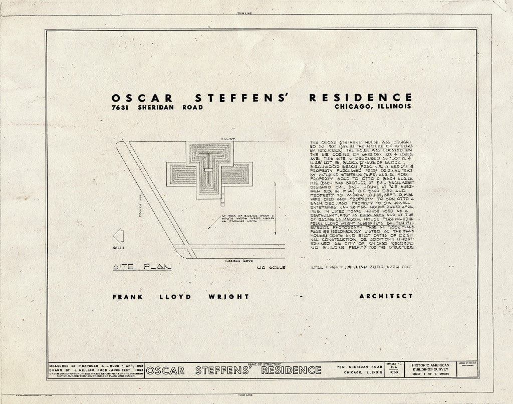 Blueprint HABS Ill,16-CHIG,64- (Sheet 1 of 6) - Oscar Steffens House, 7631 North Sheridan Road, Chicago, Cook County, IL