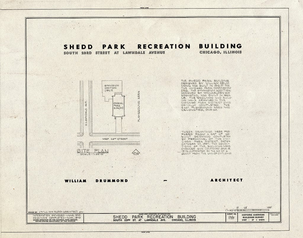 Blueprint HABS Ill,16-CHIG,87- (Sheet 1 of 4) - Shedd Park Recreation Building, South Twenty-Third Street & Lawndale Avenue, Chicago, Cook County, IL