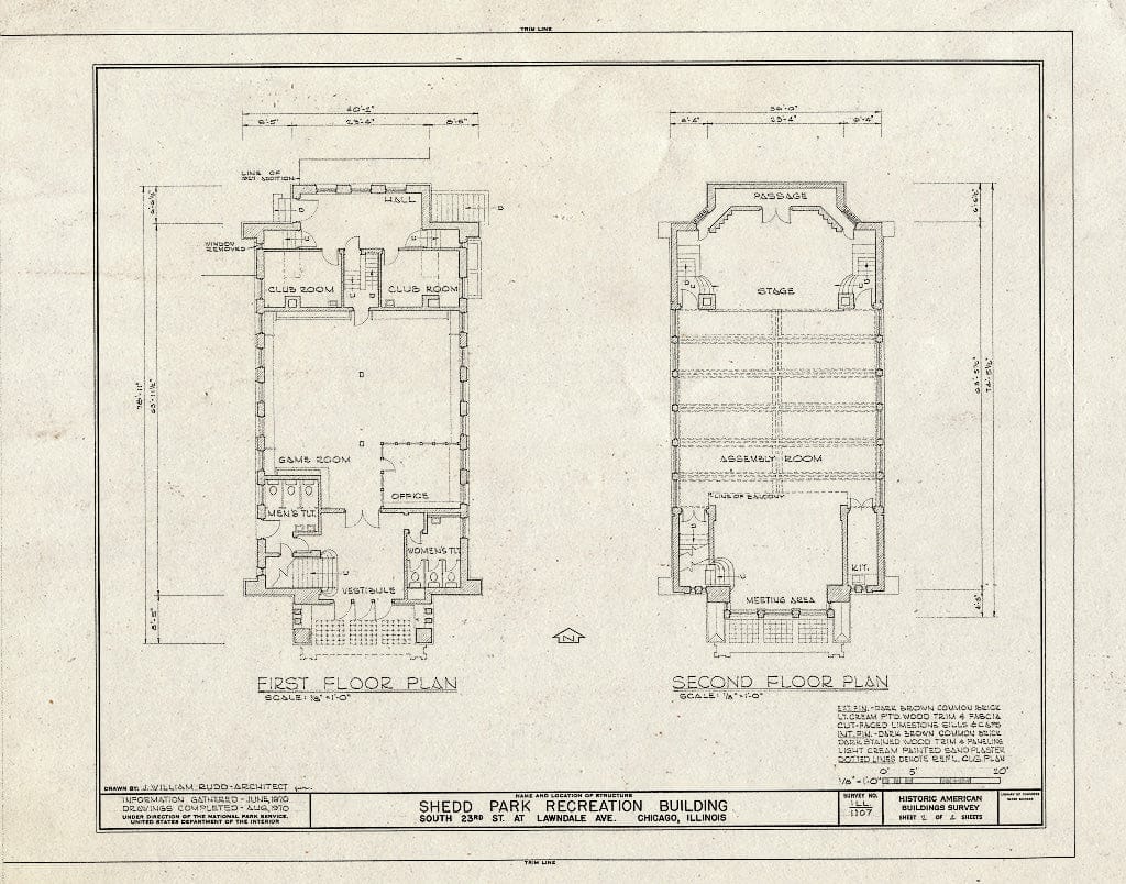 Blueprint HABS Ill,16-CHIG,87- (Sheet 2 of 4) - Shedd Park Recreation Building, South Twenty-Third Street & Lawndale Avenue, Chicago, Cook County, IL