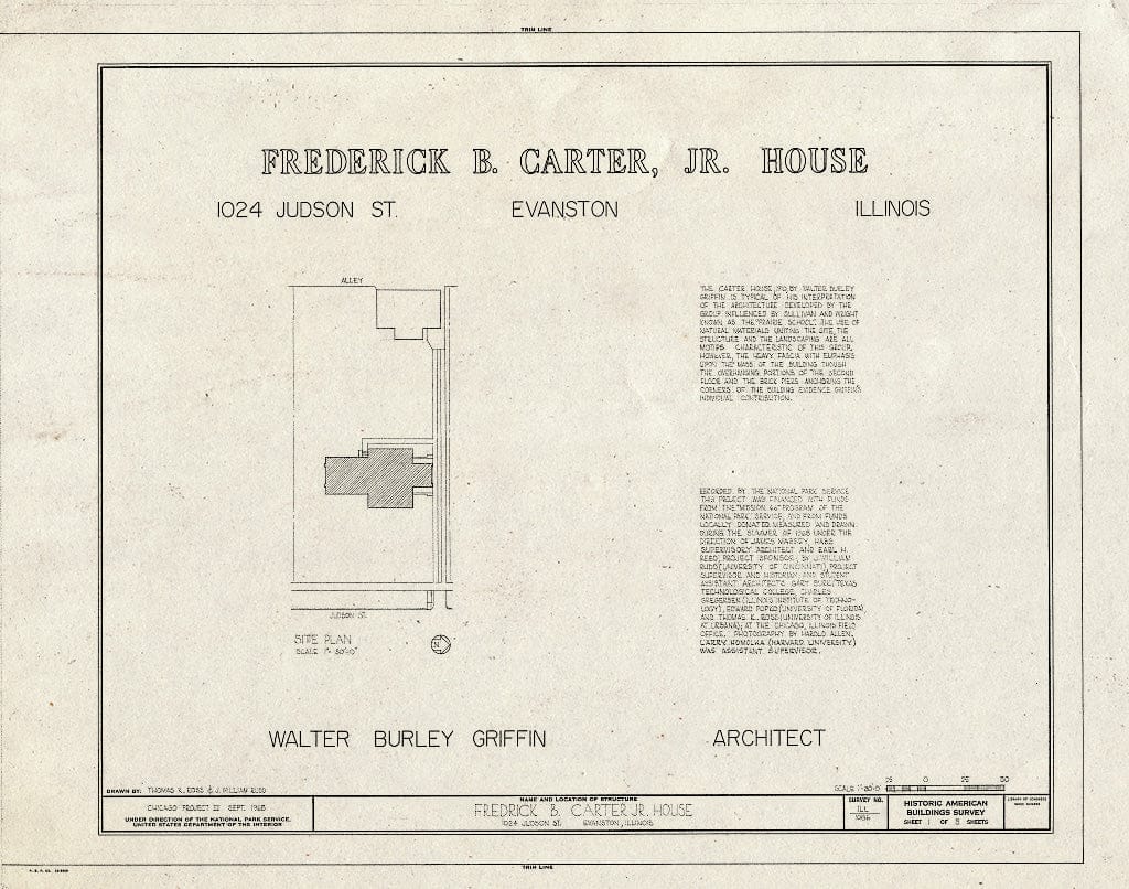 Blueprint HABS Ill,16-Evan,2- (Sheet 1 of 5) - Frederick B. Carter, Jr. House, 1024 Judson Street, Evanston, Cook County, IL