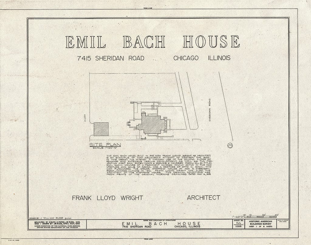 Blueprint HABS Ill,16-CHIG,83- (Sheet 1 of 6) - Emil Bach House, 7415 North Sheridan Road, Chicago, Cook County, IL