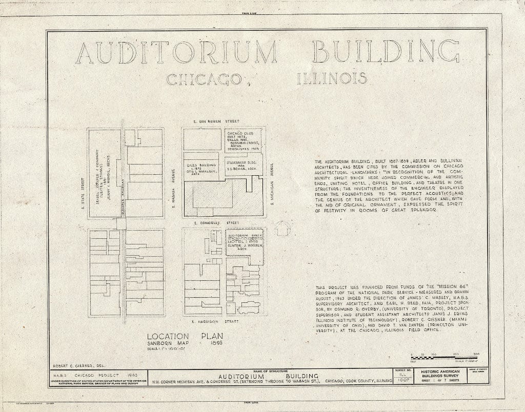 Blueprint HABS Ill,16-CHIG,39- (Sheet 1 of 7) - Auditorium Building, 430 South Michigan Avenue, Chicago, Cook County, IL