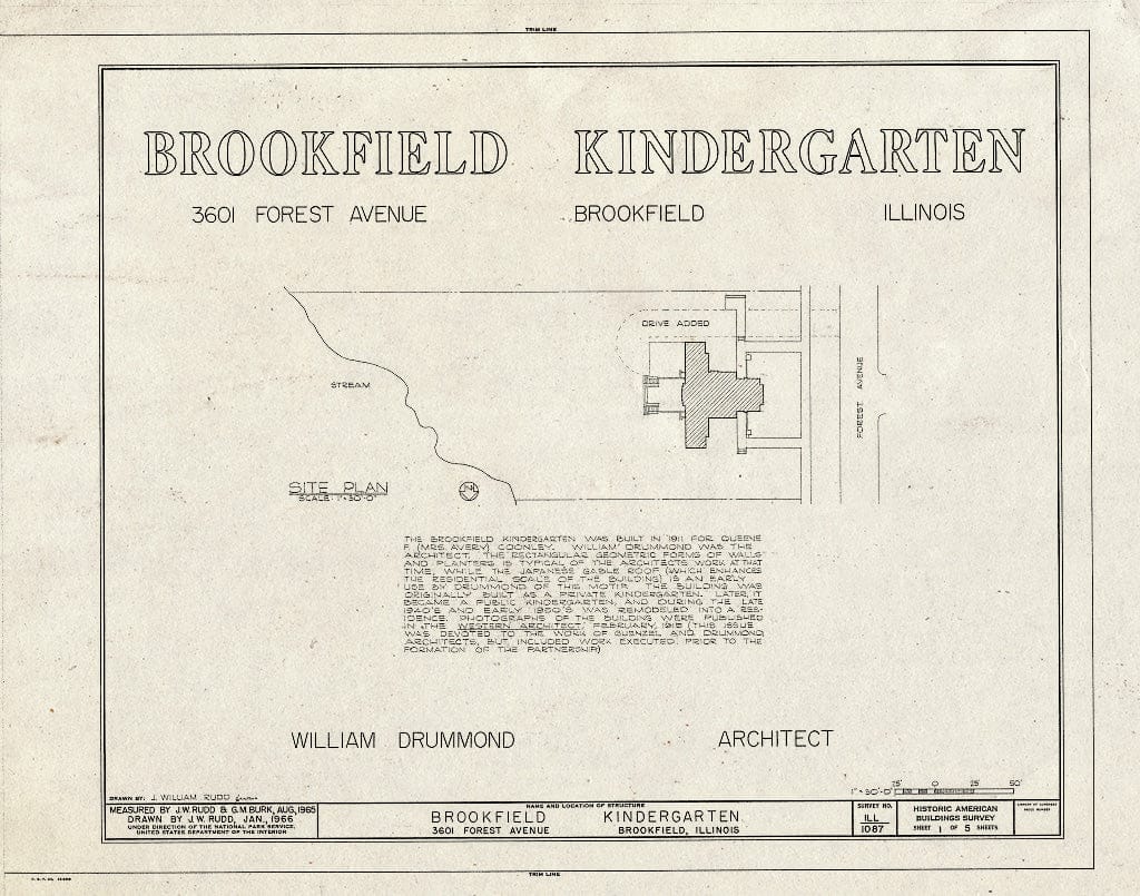 Blueprint HABS Ill,16-Brook,1- (Sheet 1 of 5) - Brookfield Kindergarten, 3601 Forest Avenue, Brookfield, Cook County, IL