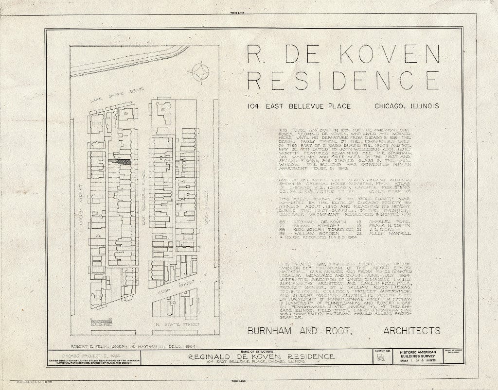 Blueprint HABS Ill,16-CHIG,44- (Sheet 1 of 4) - Reginald DeKoven House, 104 East Bellevue Place, Chicago, Cook County, IL