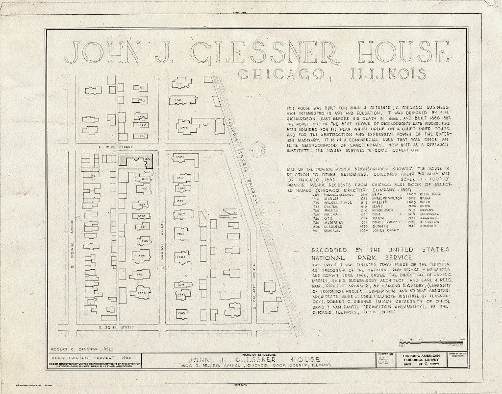 Blueprint HABS Ill,16-CHIG,17- (Sheet 1 of 6) - John J. Glessner House, 1800 South Prairie Avenue, Chicago, Cook County, IL