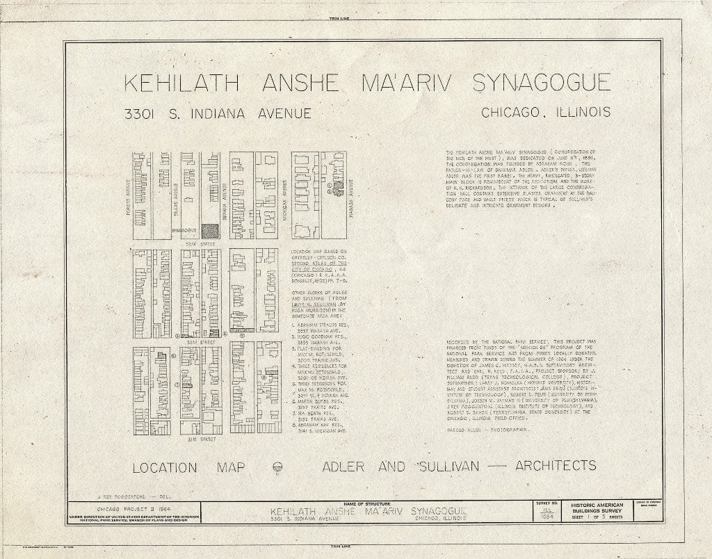 Blueprint HABS Ill,16-CHIG,56- (Sheet 1 of 5) - Kehilath Anshe Ma'ariv Synagogue, 3301 South Indiana Avenue, Chicago, Cook County, IL