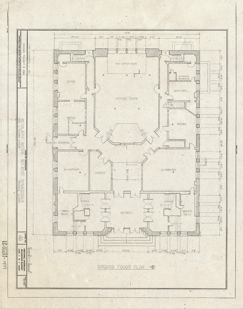 Blueprint HABS Ill,16-CHIG,56- (Sheet 2 of 5) - Kehilath Anshe Ma'ariv Synagogue, 3301 South Indiana Avenue, Chicago, Cook County, IL