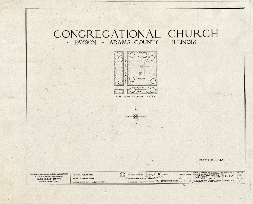 Blueprint HABS Ill,1-PAYSO,1- (Sheet 0 of 3) - Congregational Church, Park Drive & State Route 96, Payson, Adams County, IL