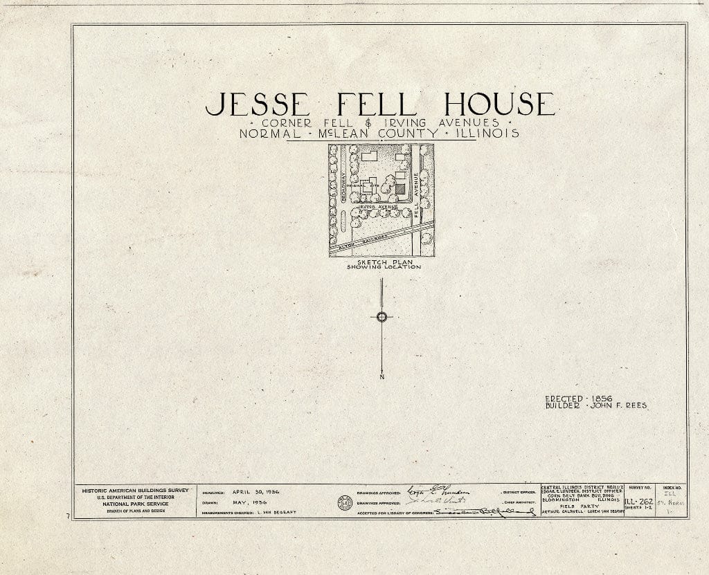 Blueprint HABS Ill,57-NORM,1- (Sheet 0 of 2) - Jesse Fell House, 502 Irving (Moved from Broadway & Irving Streets), Normal, McLean County, IL