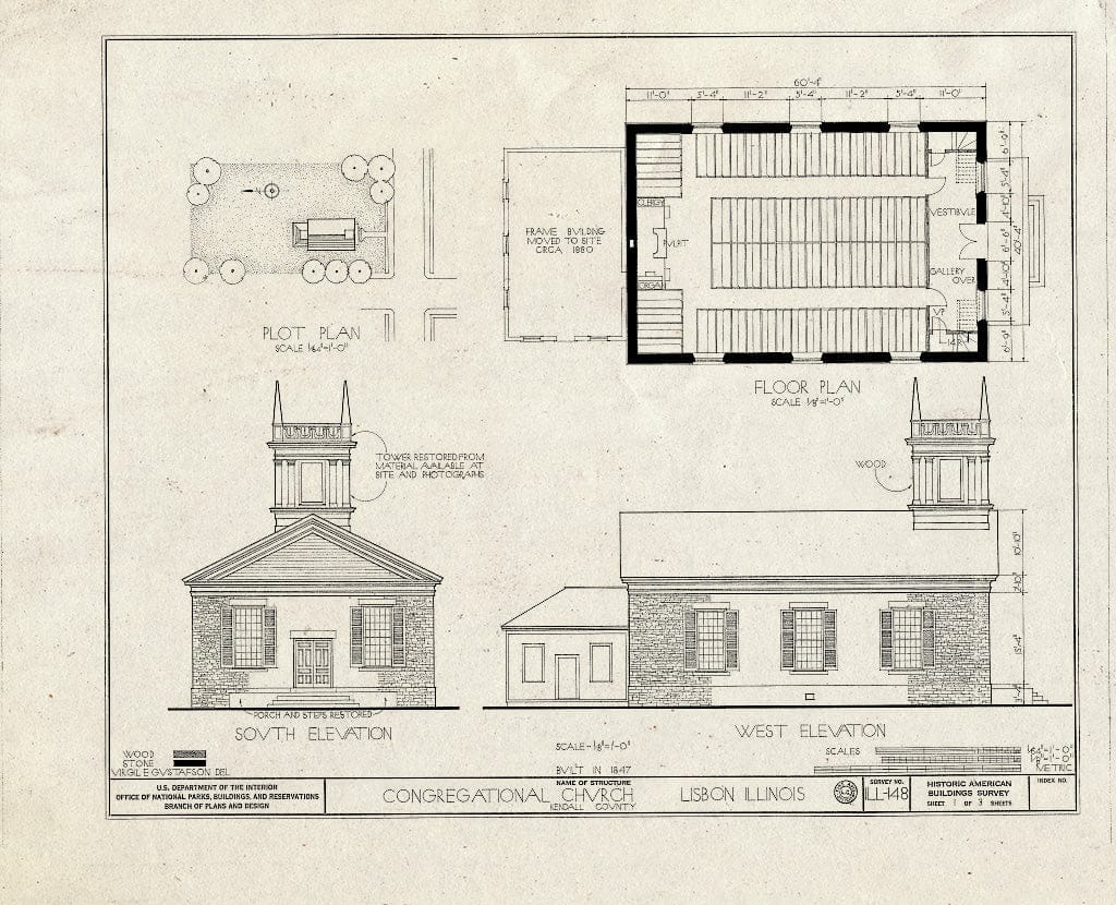 Blueprint HABS Ill,47-LISB,1- (Sheet 1 of 3) - Congregational Church, Lisbon, Kendall County, IL