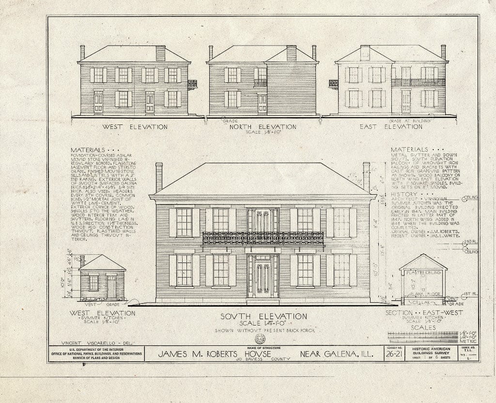 Blueprint HABS Ill,43-Gala.V,2- (Sheet 1 of 6) - James M. Roberts House, Route 5, Galena, Jo Daviess County, IL
