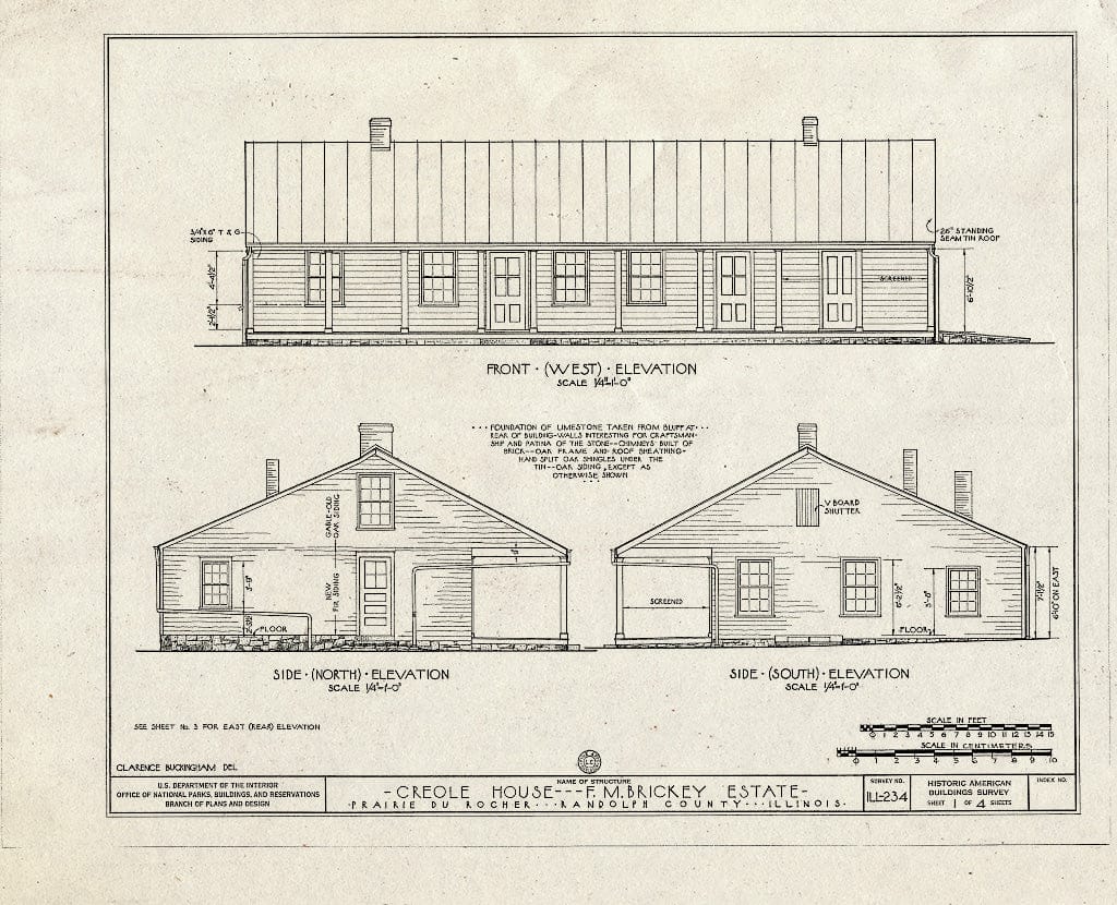 Blueprint HABS Ill,79-PRARO,1- (Sheet 1 of 4) - French (Creole) House, Market Street, Prairie du Rocher, Randolph County, IL