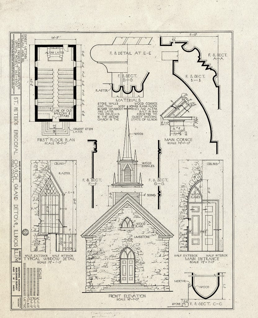 Blueprint HABS Ill,71-Grad,1- (Sheet 1 of 1) - St. Peter's Episcopal Church, Rock & Main Streets, Grand Detour, Ogle County, IL
